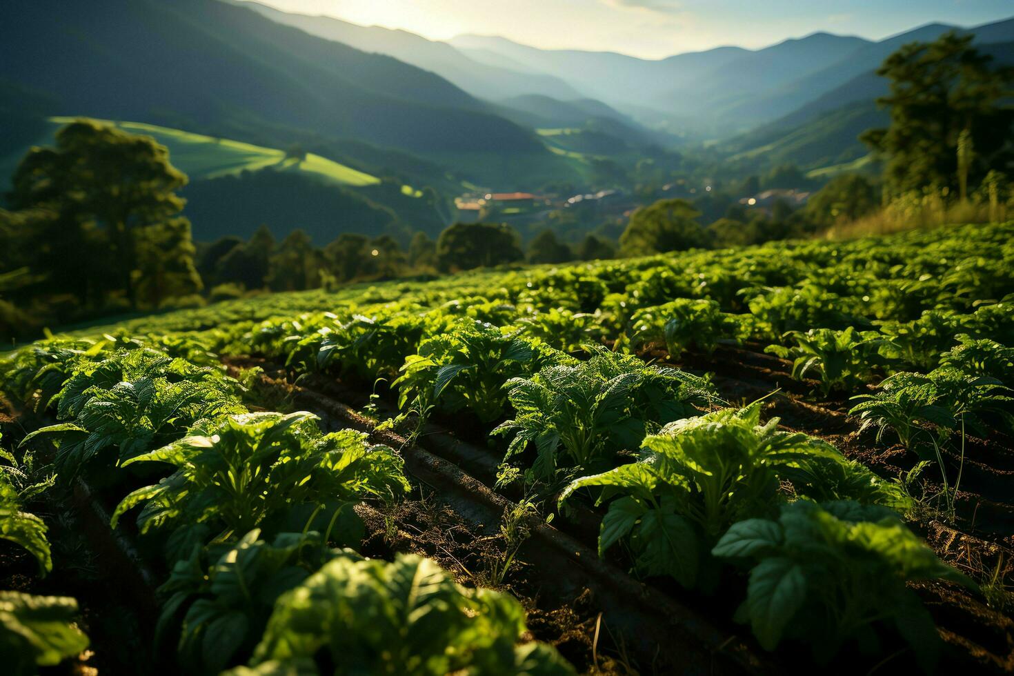 lindo Visão do uma chá campo plantação, Vinhedo Fazenda ou morango jardim dentro a verde colinas às nascer do sol conceito de ai gerado foto