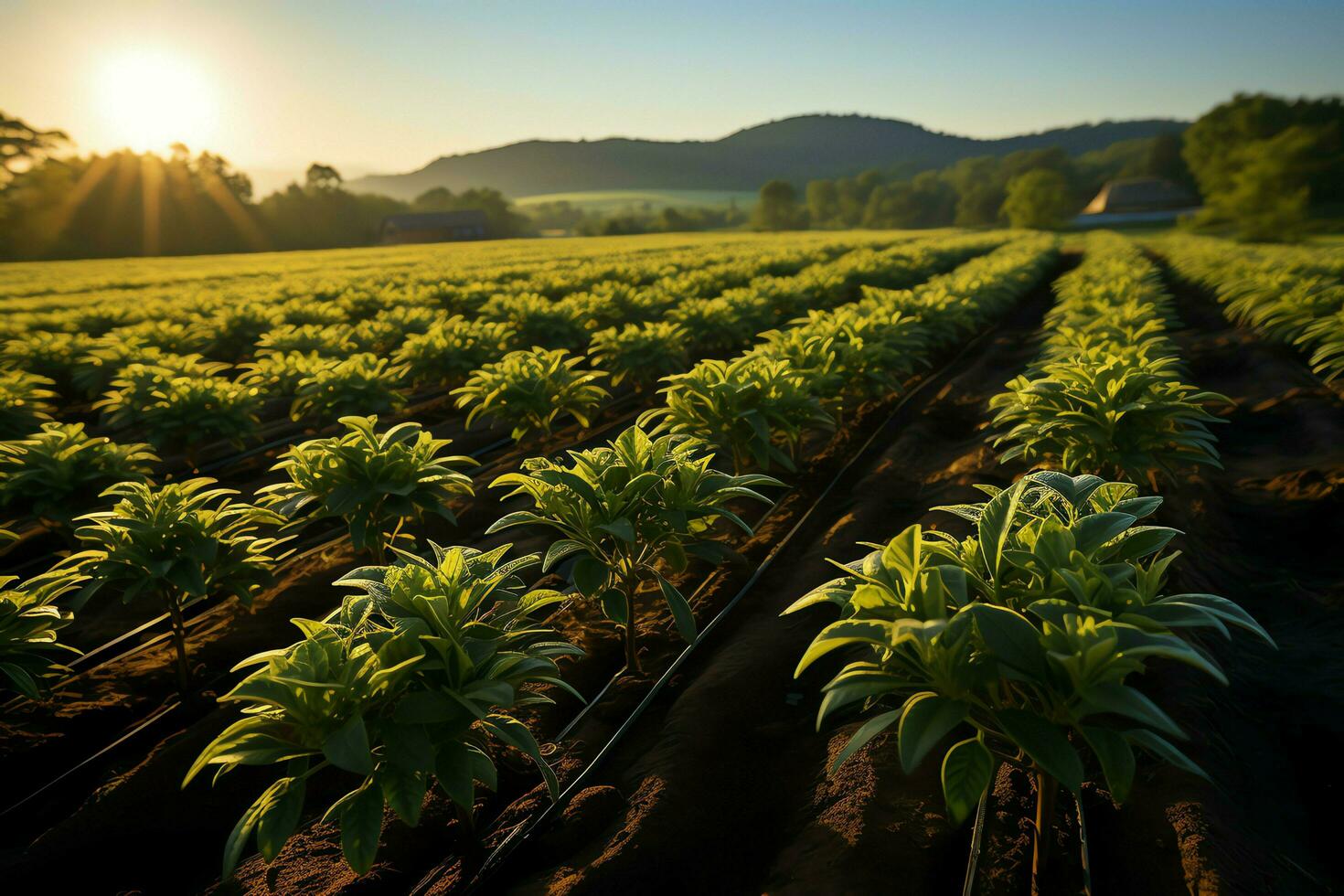 lindo Visão do uma chá campo plantação, Vinhedo Fazenda ou morango jardim dentro a verde colinas às nascer do sol conceito de ai gerado foto