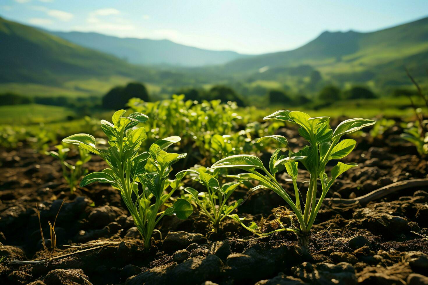 lindo Visão do uma chá campo plantação, Vinhedo Fazenda ou morango jardim dentro a verde colinas às nascer do sol conceito de ai gerado foto