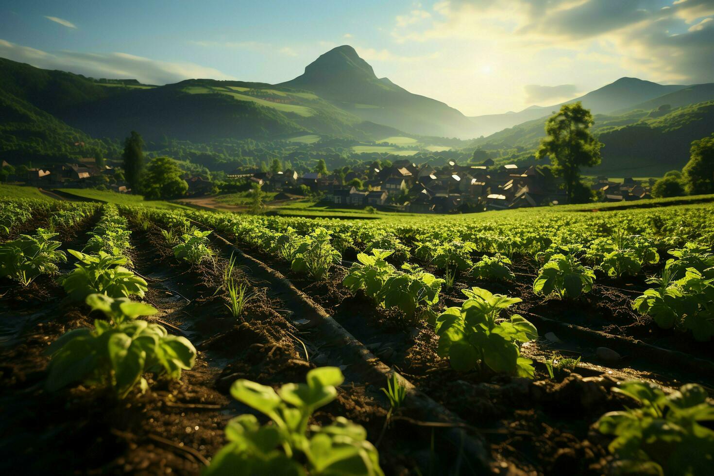 lindo Visão do uma chá campo plantação, Vinhedo Fazenda ou morango jardim dentro a verde colinas às nascer do sol conceito de ai gerado foto