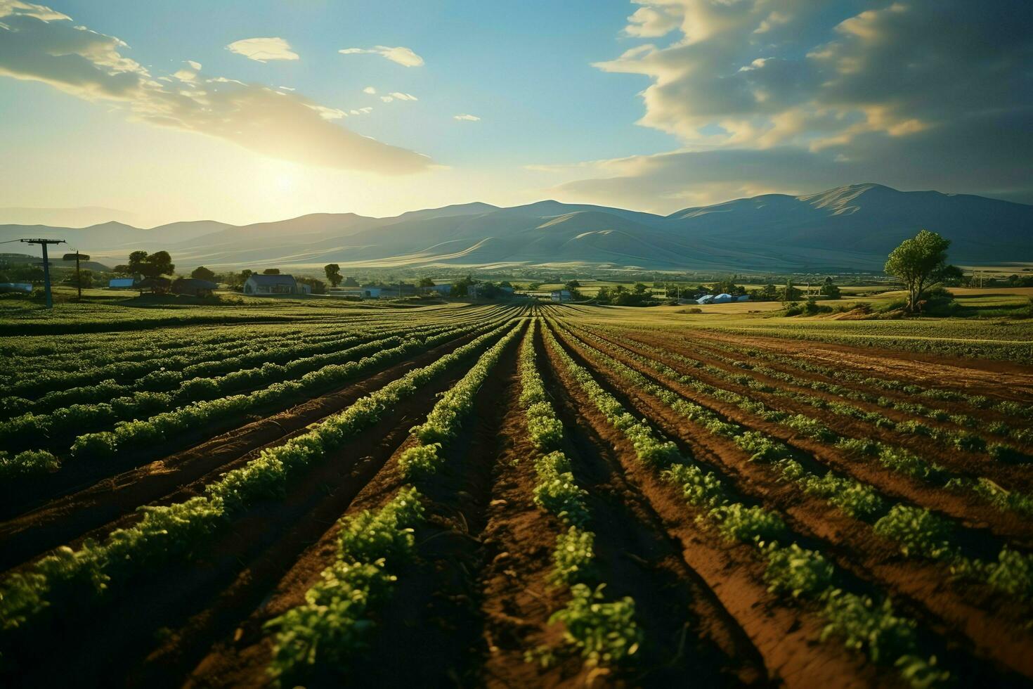 lindo Visão do uma chá campo plantação, Vinhedo Fazenda ou morango jardim dentro a verde colinas às nascer do sol conceito de ai gerado foto