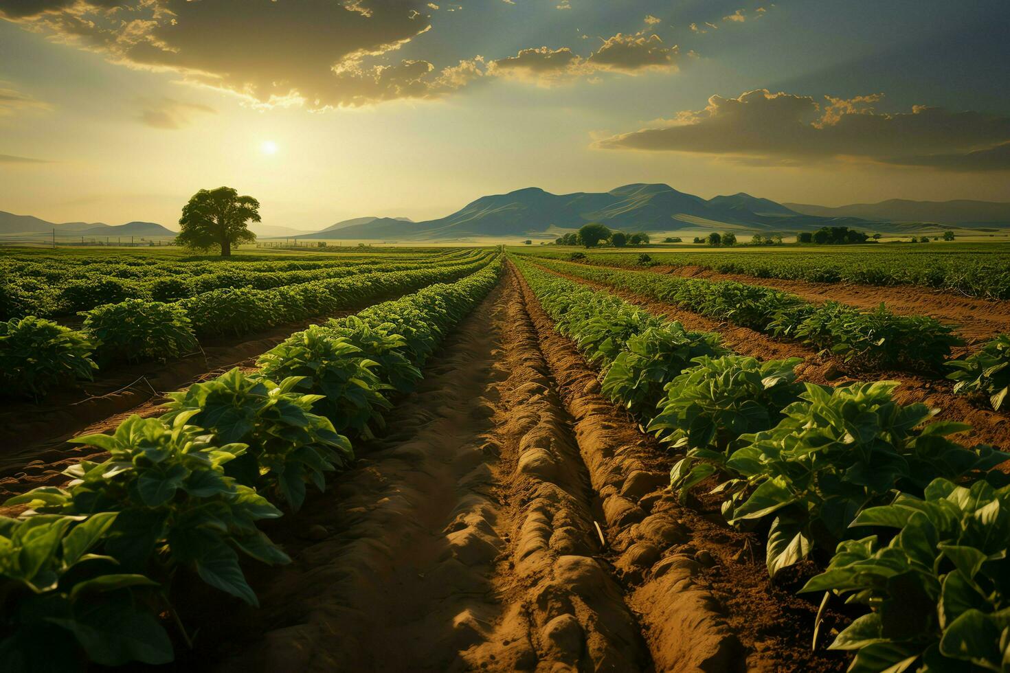 lindo Visão do uma chá campo plantação, Vinhedo Fazenda ou morango jardim dentro a verde colinas às nascer do sol conceito de ai gerado foto