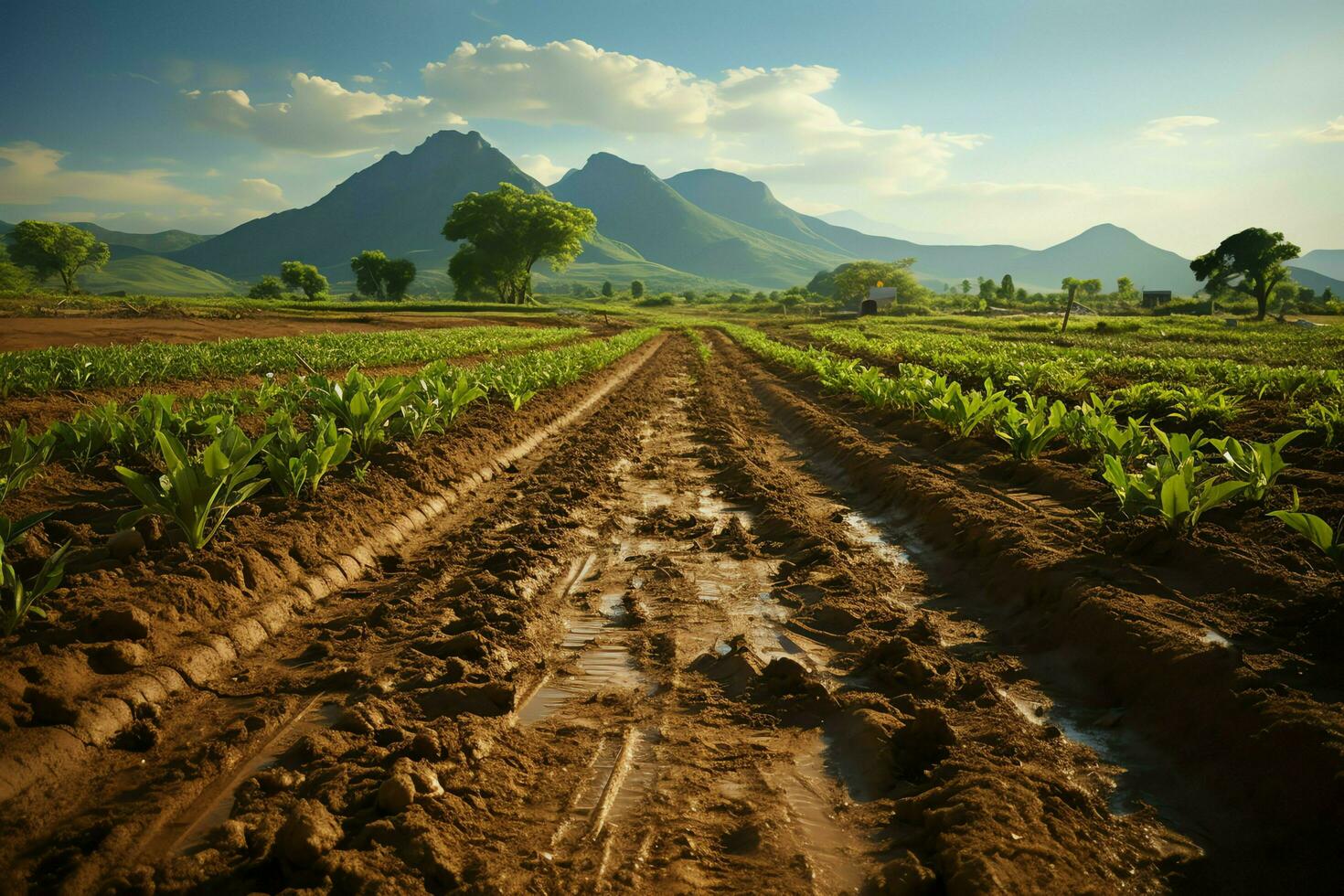 lindo Visão do uma chá campo plantação, Vinhedo Fazenda ou morango jardim dentro a verde colinas às nascer do sol conceito de ai gerado foto