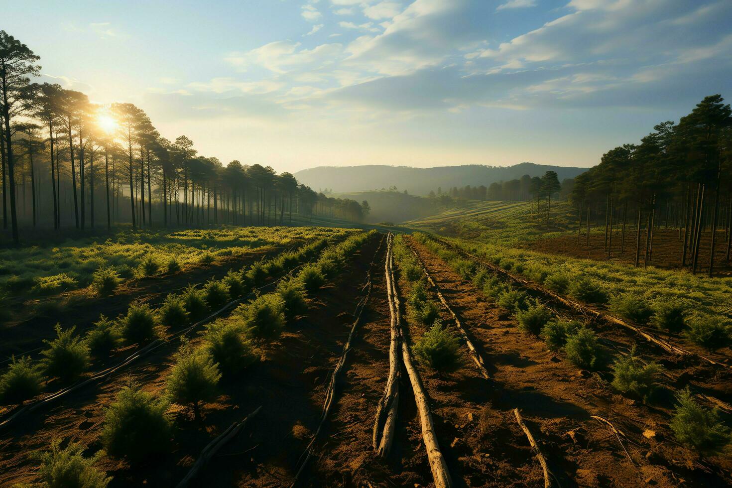 lindo Visão do uma chá campo plantação, Vinhedo Fazenda ou morango jardim dentro a verde colinas às nascer do sol conceito de ai gerado foto