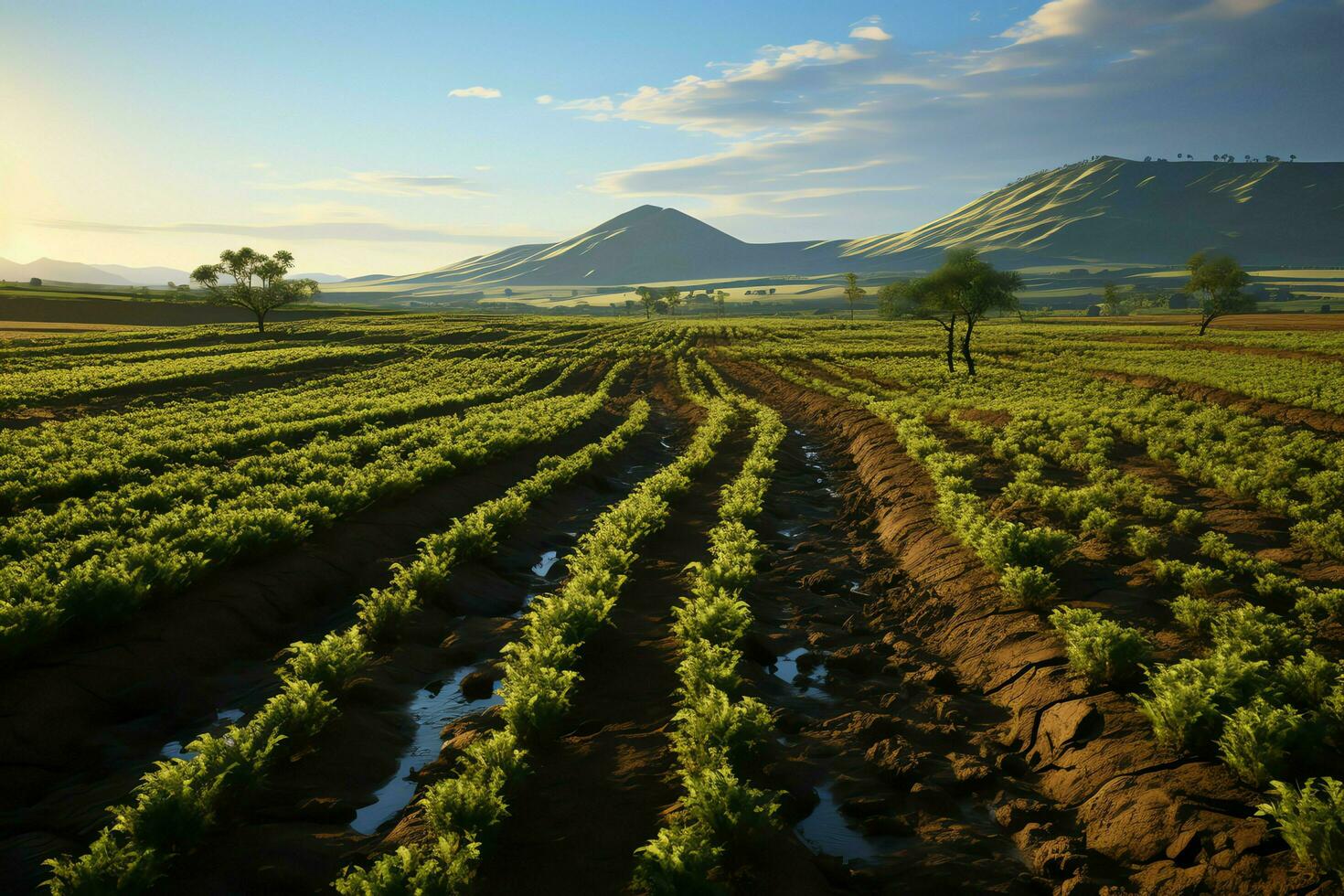 lindo Visão do uma chá campo plantação, Vinhedo Fazenda ou morango jardim dentro a verde colinas às nascer do sol conceito de ai gerado foto