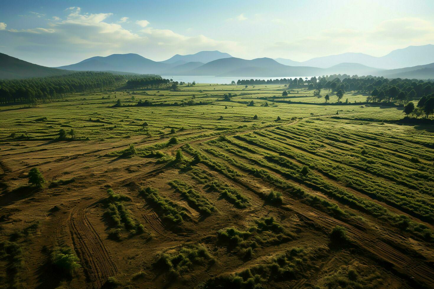 lindo Visão do uma chá campo plantação, Vinhedo Fazenda ou morango jardim dentro a verde colinas às nascer do sol conceito de ai gerado foto