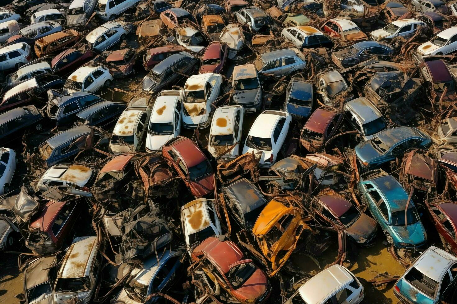 ferrugem velho lixo carros com meio Ambiente poluição dentro ferro-velho para reciclando. abandonado carro desperdício conceito de ai gerado foto