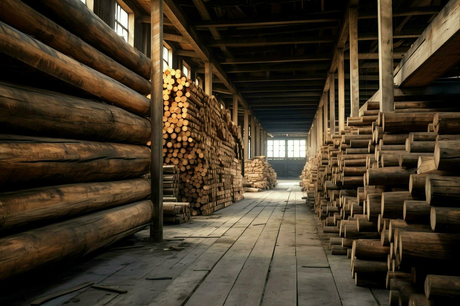 de madeira prancha ou borda dentro a madeira serrada moinho indústria. pilha do Histórico e madeira dentro a serraria Produção conceito de ai gerado foto