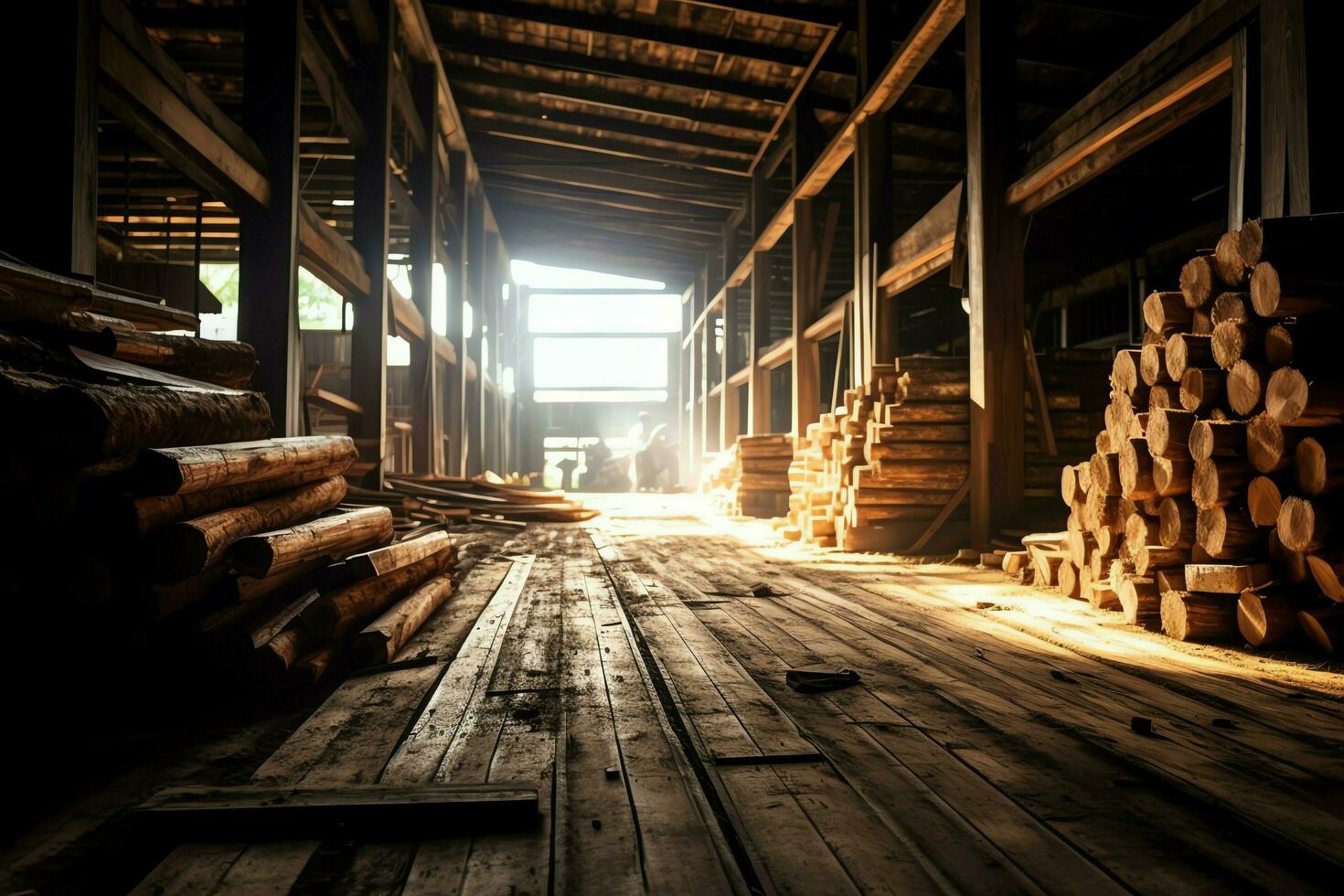 de madeira prancha ou borda dentro a madeira serrada moinho indústria. pilha do Histórico e madeira dentro a serraria Produção conceito de ai gerado foto
