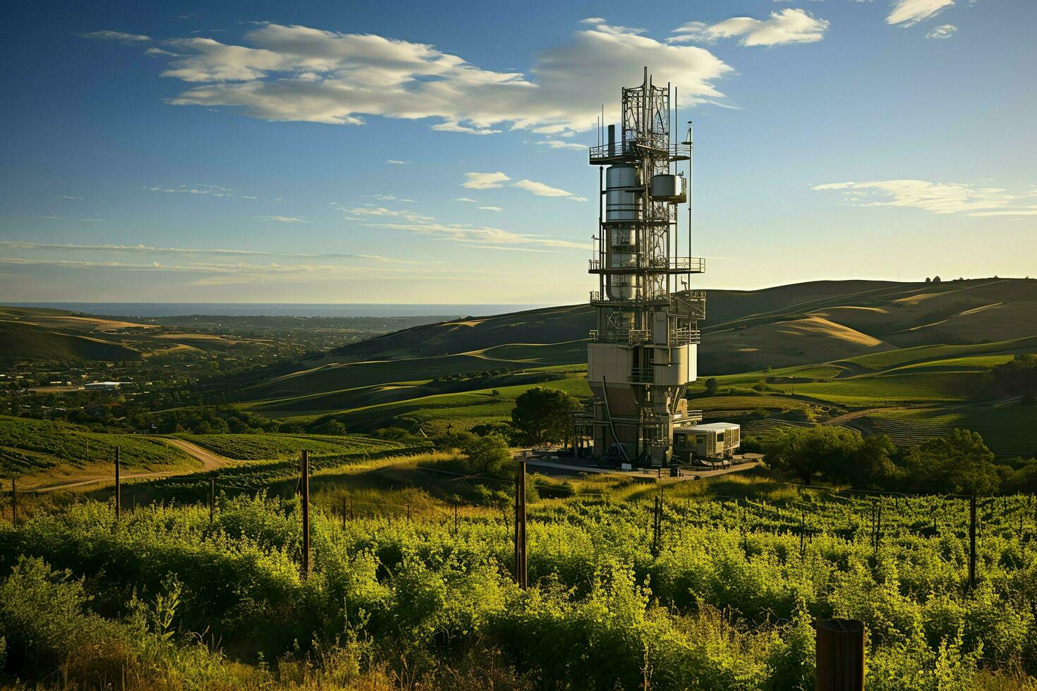 lindo Visão Alto Voltagem elétrico ou telecomunicações antena sem fio torre com verde campo conceito de ai gerado foto