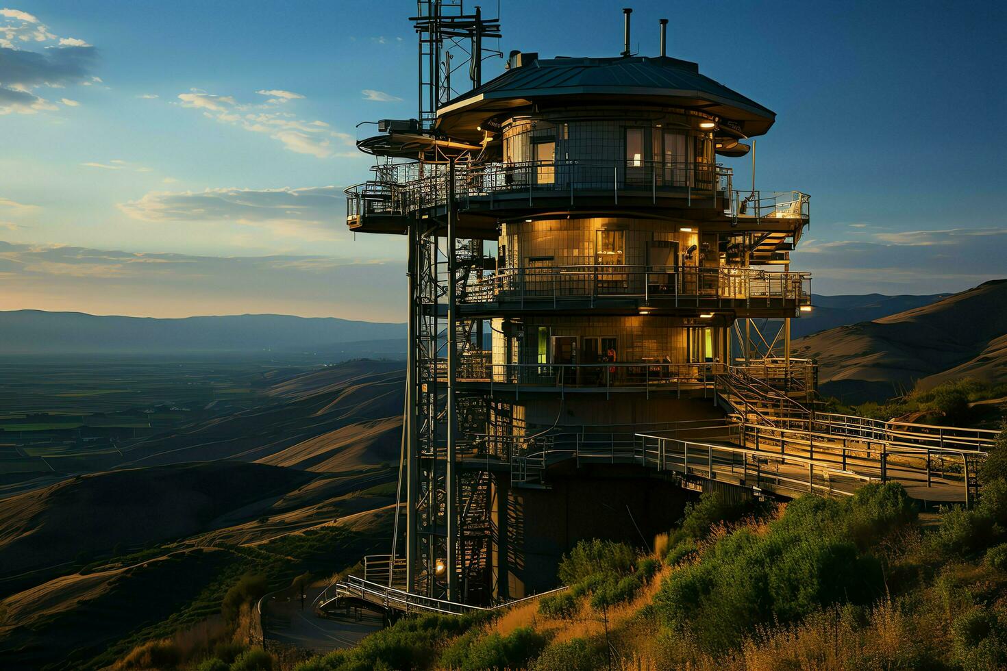 lindo Visão Alto Voltagem elétrico ou telecomunicações antena sem fio torre com verde campo conceito de ai gerado foto