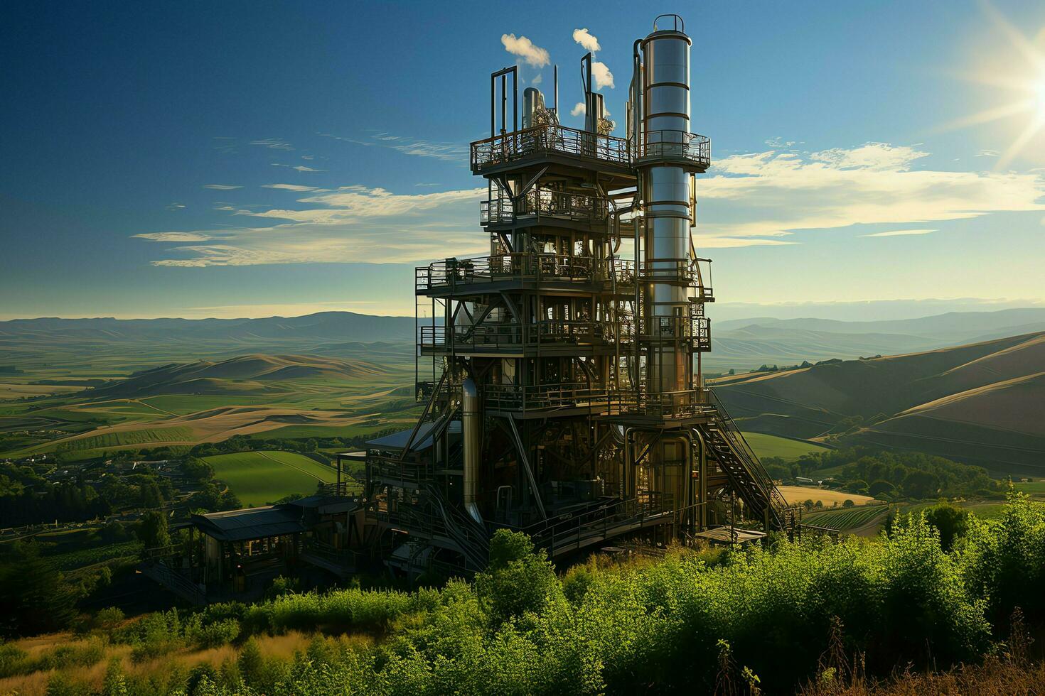 lindo Visão Alto Voltagem elétrico ou telecomunicações antena sem fio torre com verde campo conceito de ai gerado foto