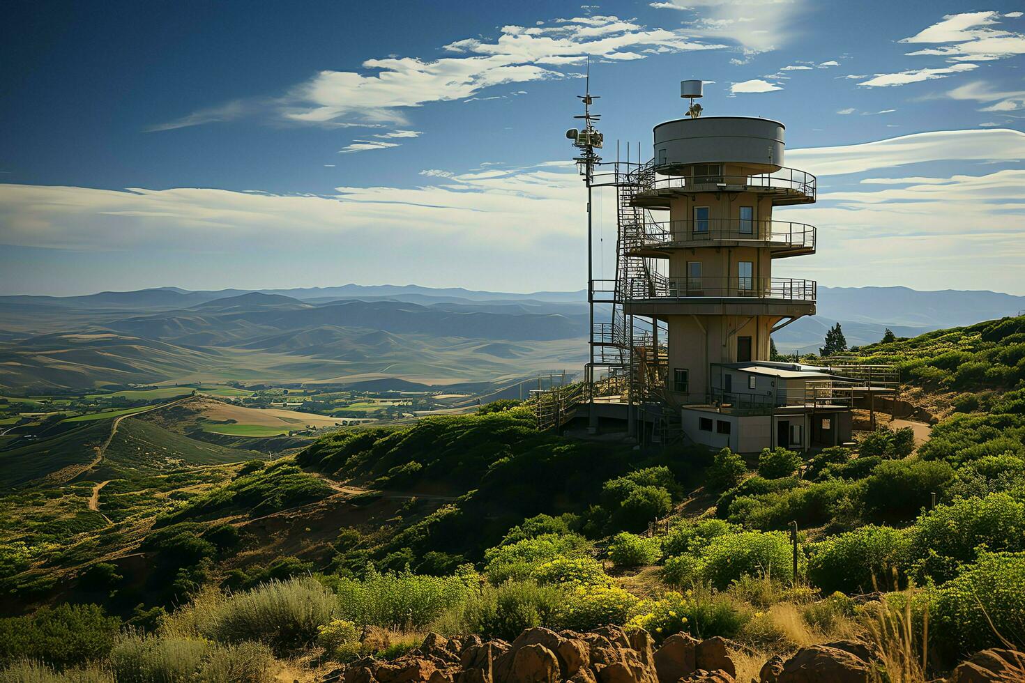 lindo Visão Alto Voltagem elétrico ou telecomunicações antena sem fio torre com verde campo conceito de ai gerado foto