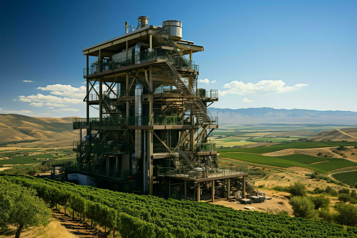 lindo Visão Alto Voltagem elétrico ou telecomunicações antena sem fio torre com verde campo conceito de ai gerado foto