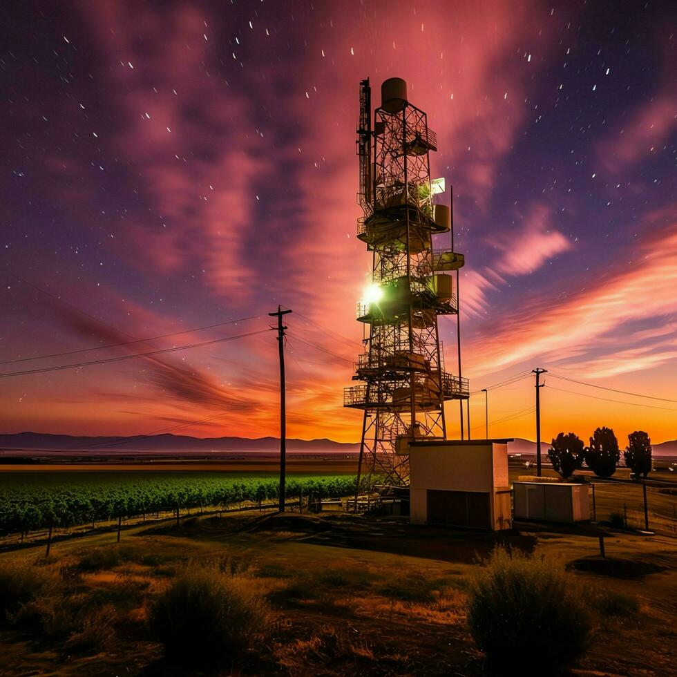 lindo Visão Alto Voltagem elétrico ou telecomunicações antena sem fio torre com verde campo conceito de ai gerado foto