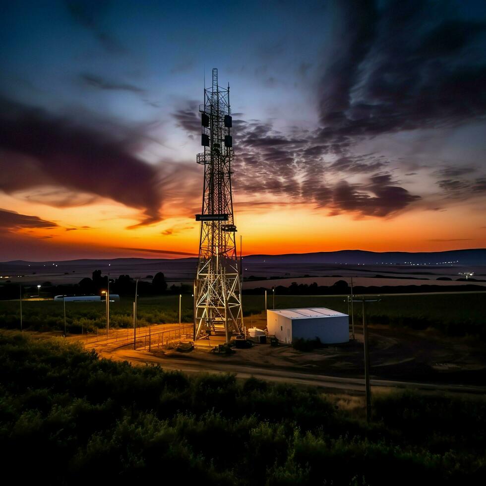 lindo Visão Alto Voltagem elétrico ou telecomunicações antena sem fio torre com verde campo conceito de ai gerado foto