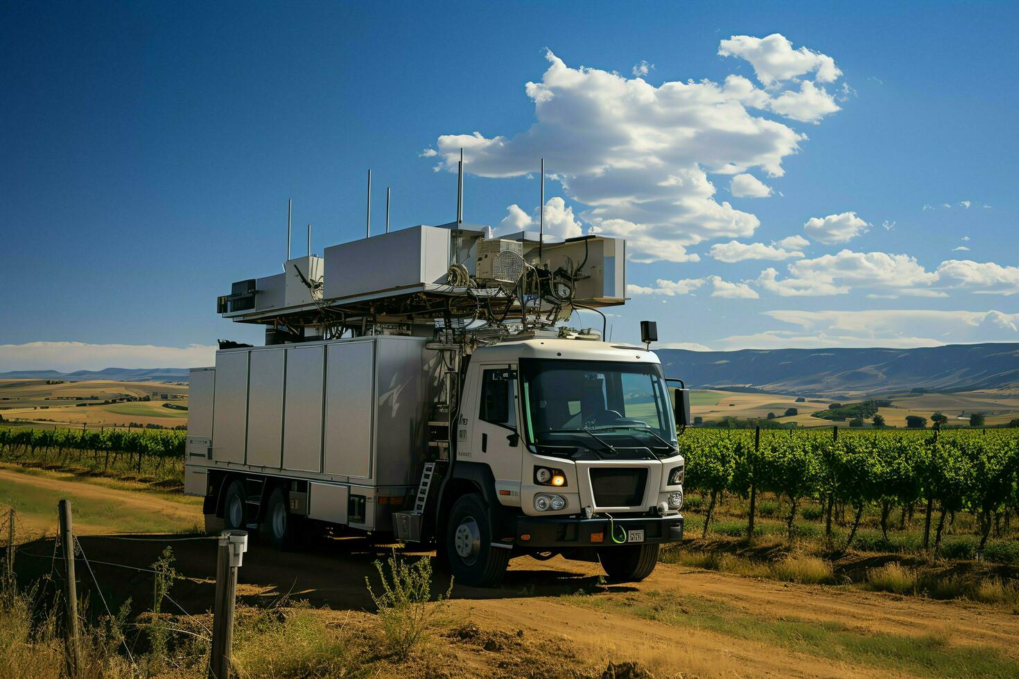 lindo Visão Alto Voltagem elétrico ou telecomunicações antena sem fio torre com verde campo conceito de ai gerado foto