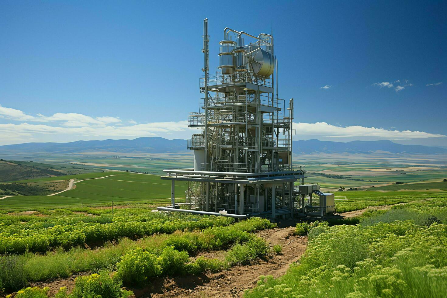 lindo Visão Alto Voltagem elétrico ou telecomunicações antena sem fio torre com verde campo conceito de ai gerado foto