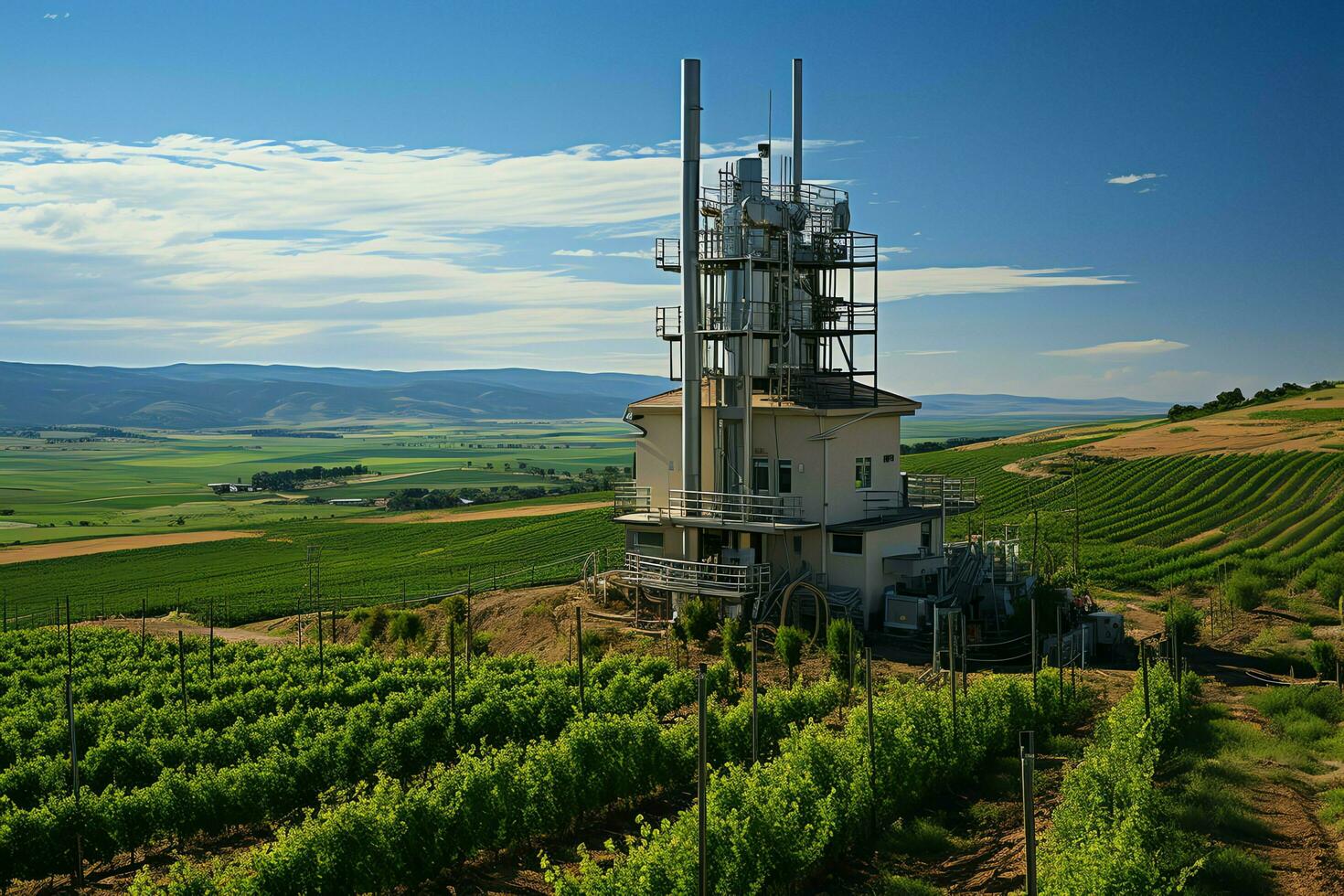 lindo Visão Alto Voltagem elétrico ou telecomunicações antena sem fio torre com verde campo conceito de ai gerado foto