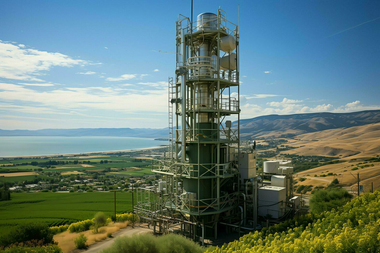 lindo Visão Alto Voltagem elétrico ou telecomunicações antena sem fio torre com verde campo conceito de ai gerado foto