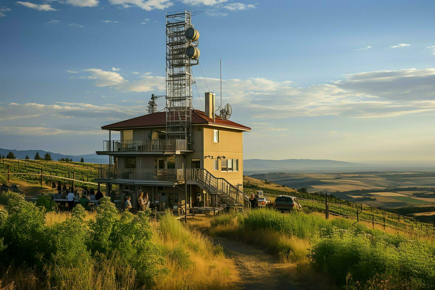 lindo Visão Alto Voltagem elétrico ou telecomunicações antena sem fio torre com verde campo conceito de ai gerado foto