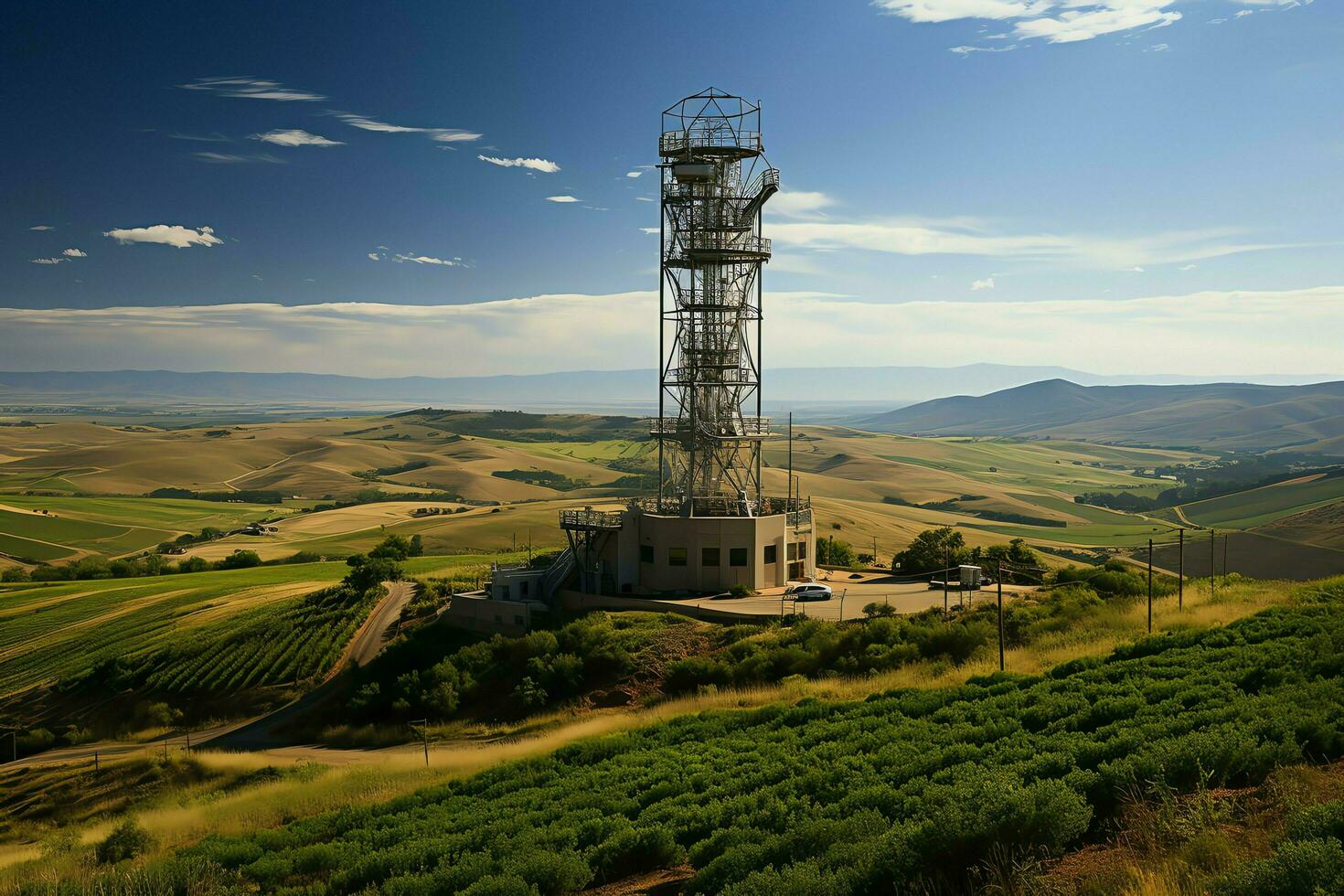 lindo Visão Alto Voltagem elétrico ou telecomunicações antena sem fio torre com verde campo conceito de ai gerado foto