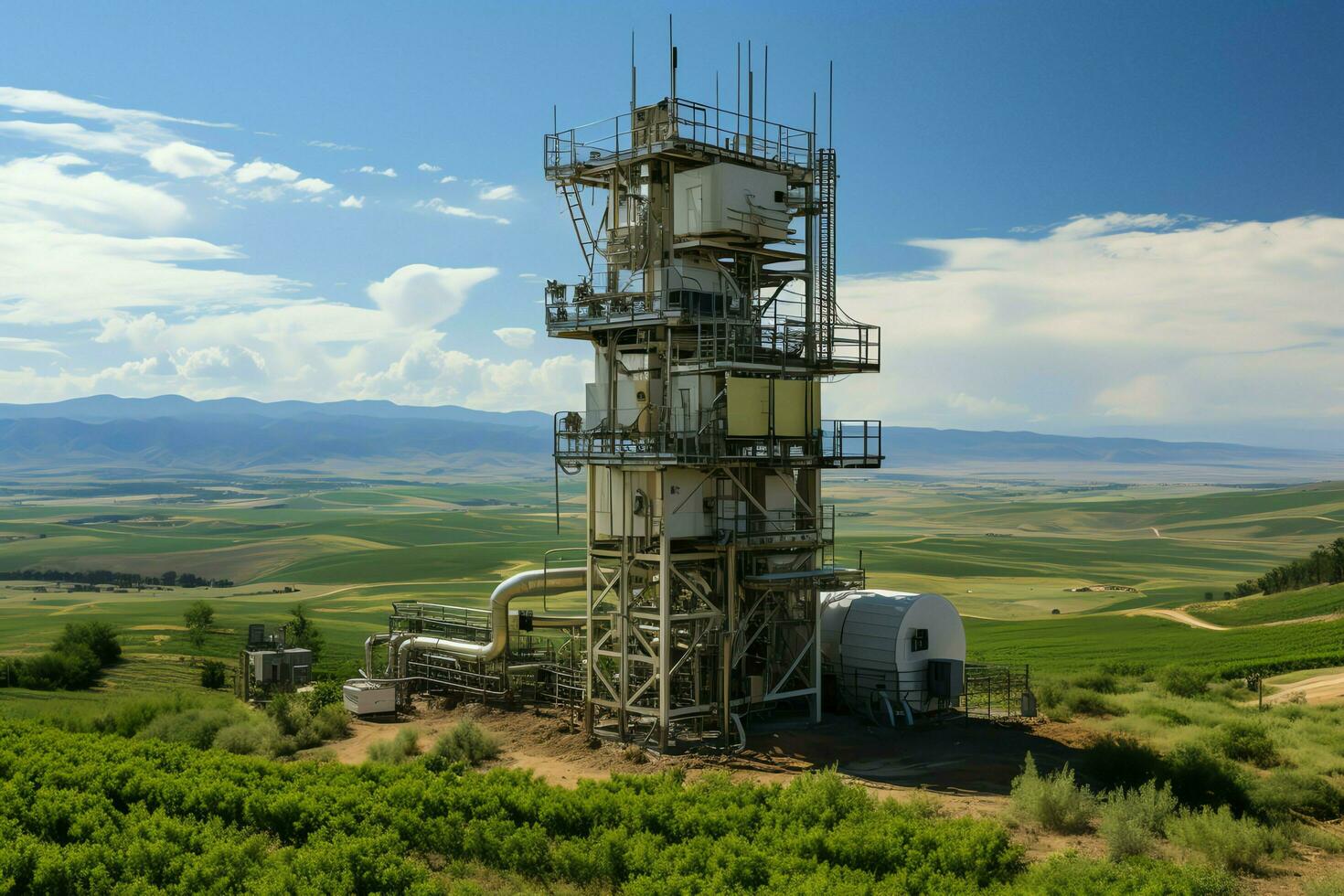 lindo Visão Alto Voltagem elétrico ou telecomunicações antena sem fio torre com verde campo conceito de ai gerado foto