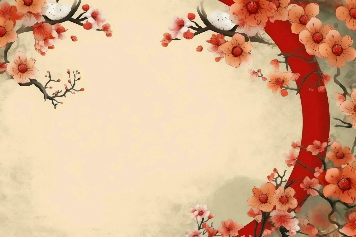 chinês Novo ano fundo com tradicional lanternas, sakura flores e cópia de espaço. lunar Novo ano conceito de ai gerado foto