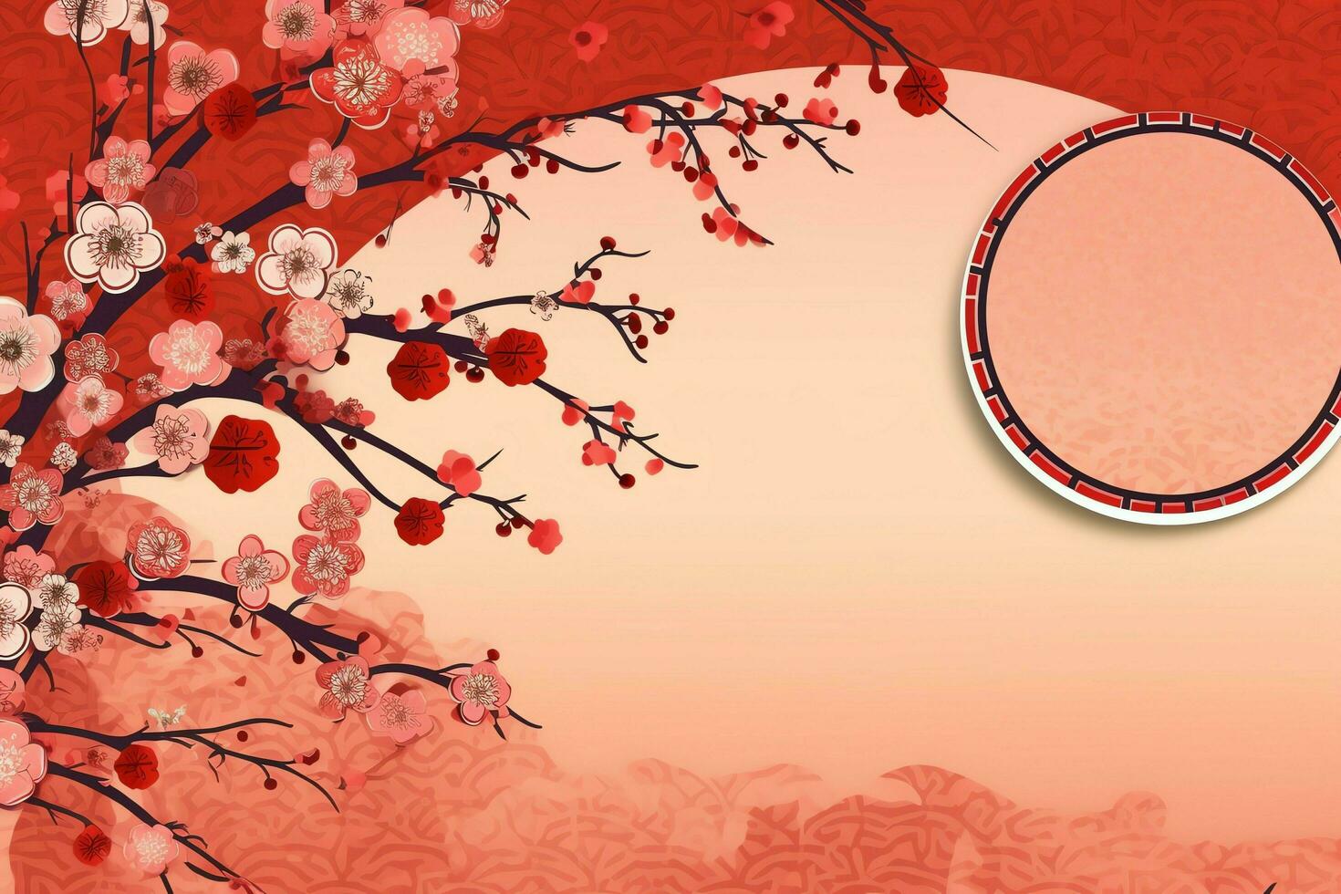 chinês Novo ano fundo com tradicional lanternas, sakura flores e cópia de espaço. lunar Novo ano conceito de ai gerado foto