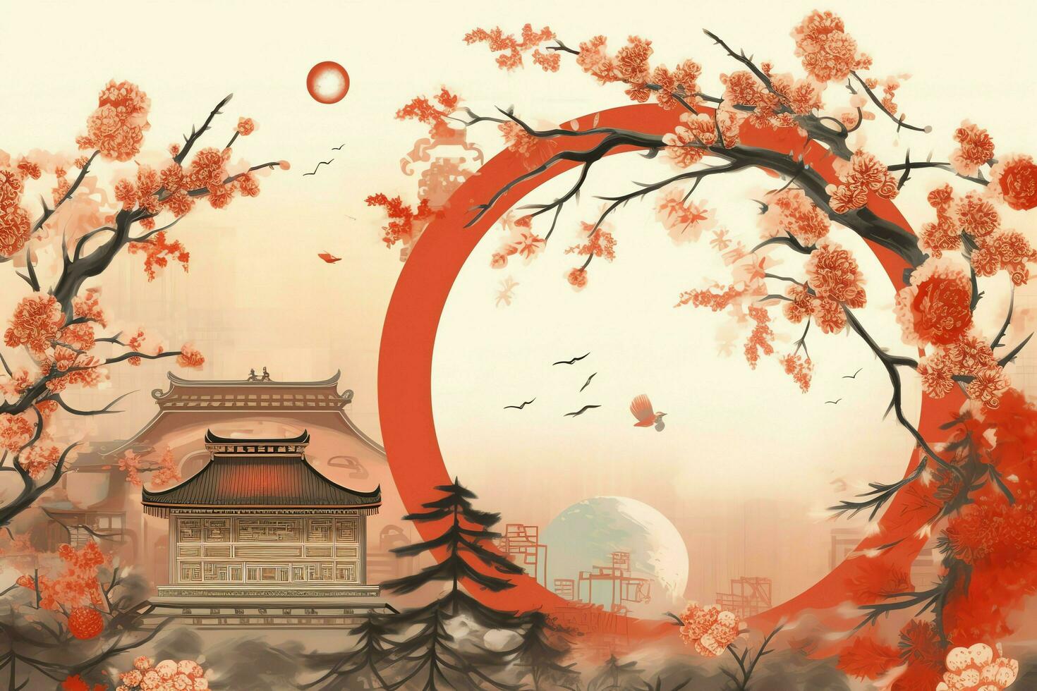 chinês Novo ano fundo com tradicional lanternas, sakura flores e cópia de espaço. lunar Novo ano conceito de ai gerado foto