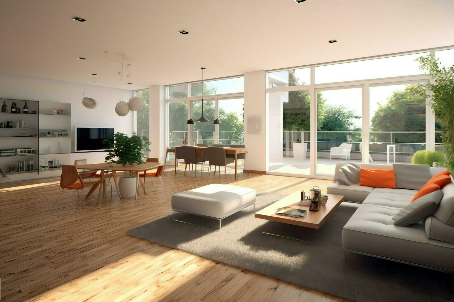 moderno apartamento interior dentro vivo Projeto com trabalhando mesa e estante. luxo casa escandinavo conceito de ai gerado foto