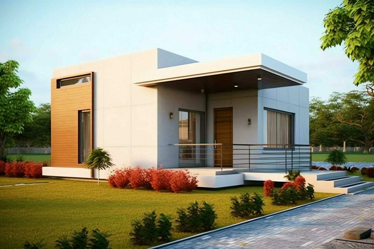 lindo moderno casa exterior com carport. moderno residencial distrito e minimalista construção conceito de ai gerado foto