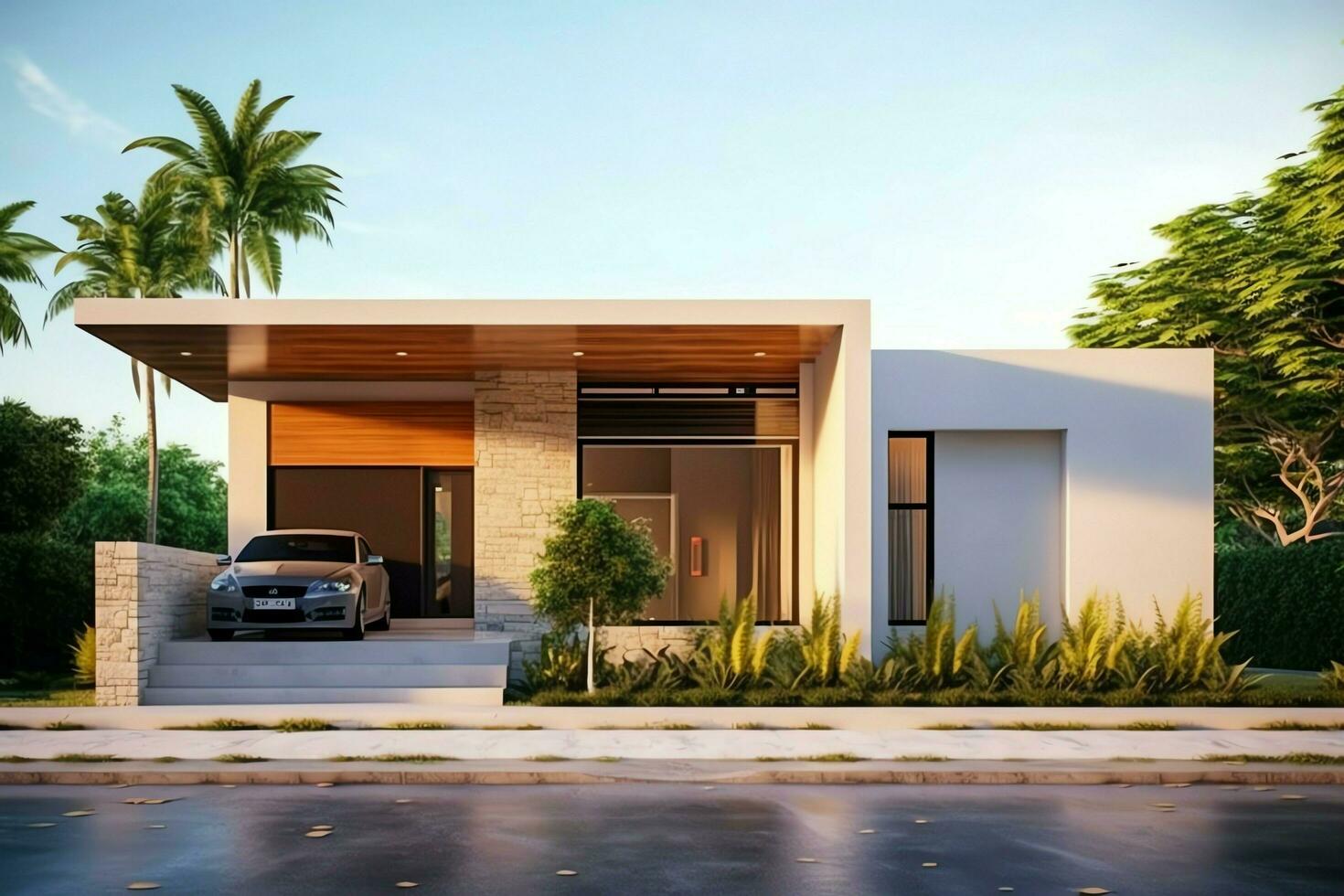 lindo moderno casa exterior com carport. moderno residencial distrito e minimalista construção conceito de ai gerado foto