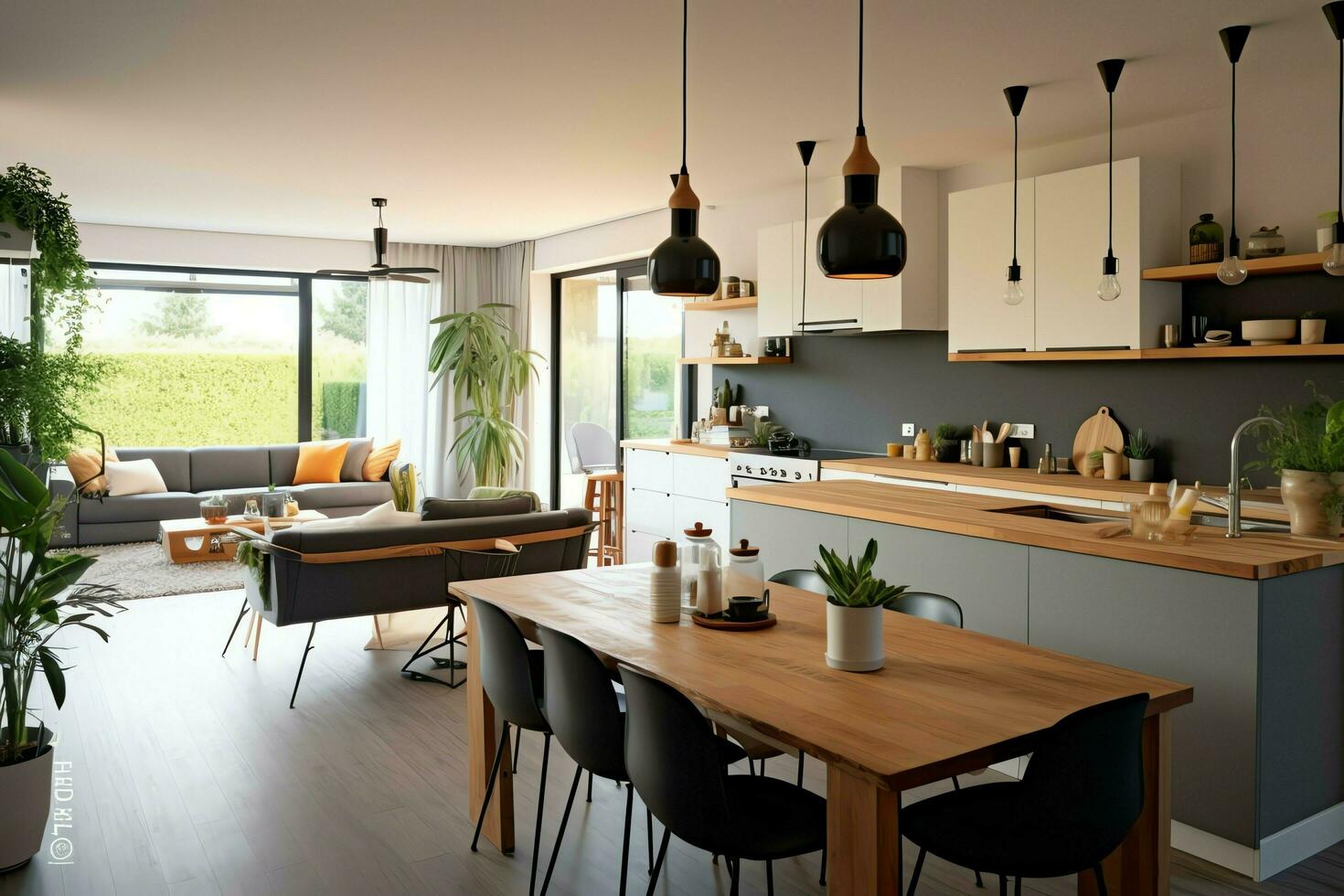 moderno cozinha interior Projeto dentro apartamento ou casa com mobiliário. luxo cozinha casa escandinavo conceito de ai gerado foto