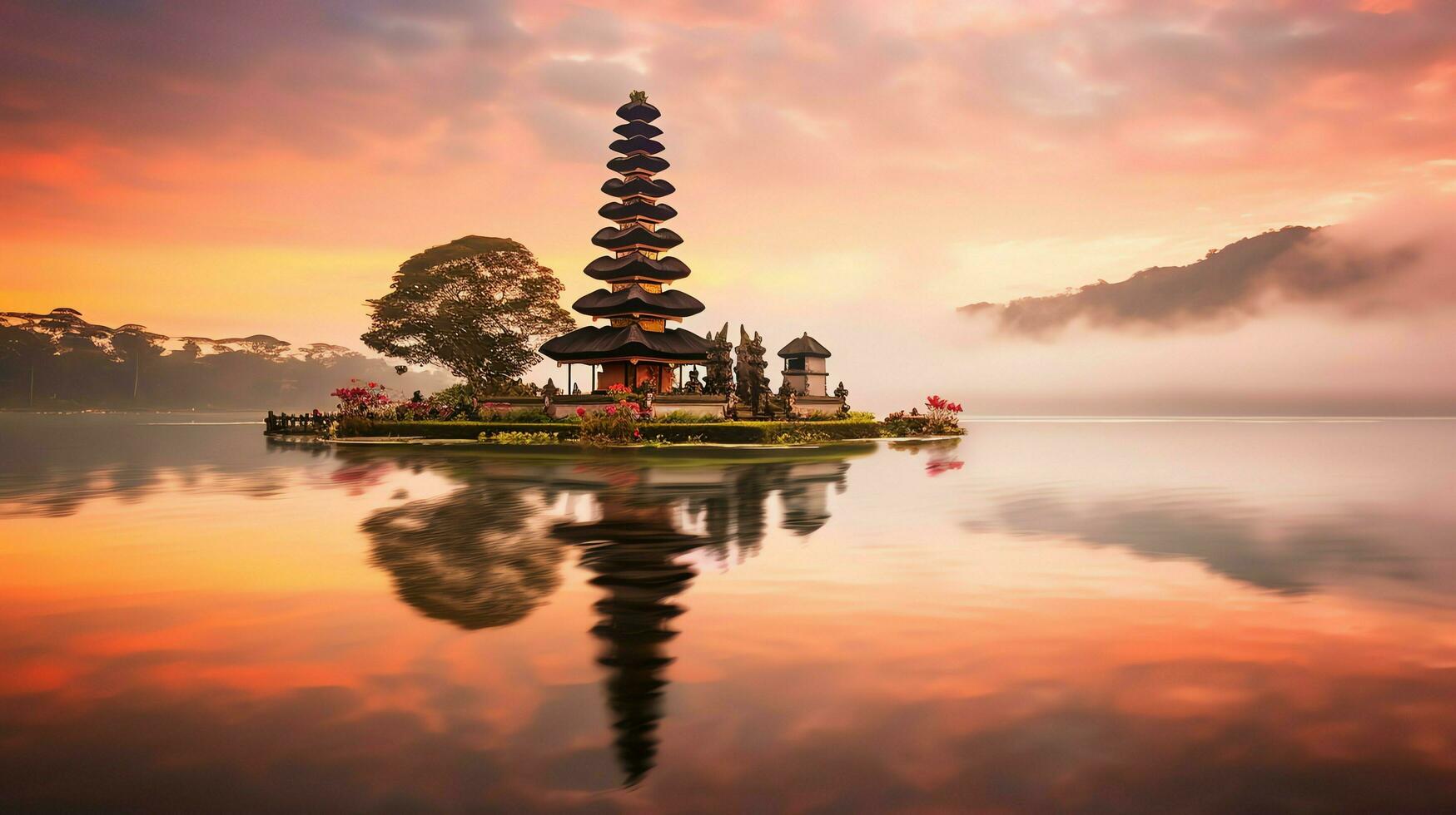 antigo pura Ulun danu bratan, besakih ou famoso hindu têmpora e turista dentro bali ilha às nascer do sol conceito de ai gerado foto