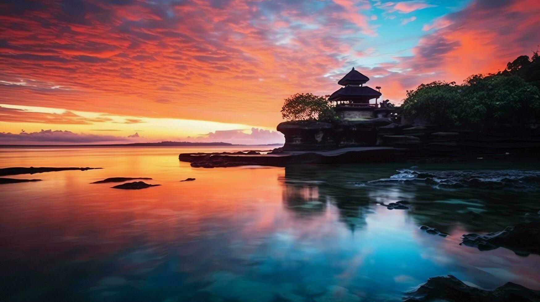 antigo pura Ulun danu bratan, besakih ou famoso hindu têmpora e turista dentro bali ilha às nascer do sol conceito de ai gerado foto