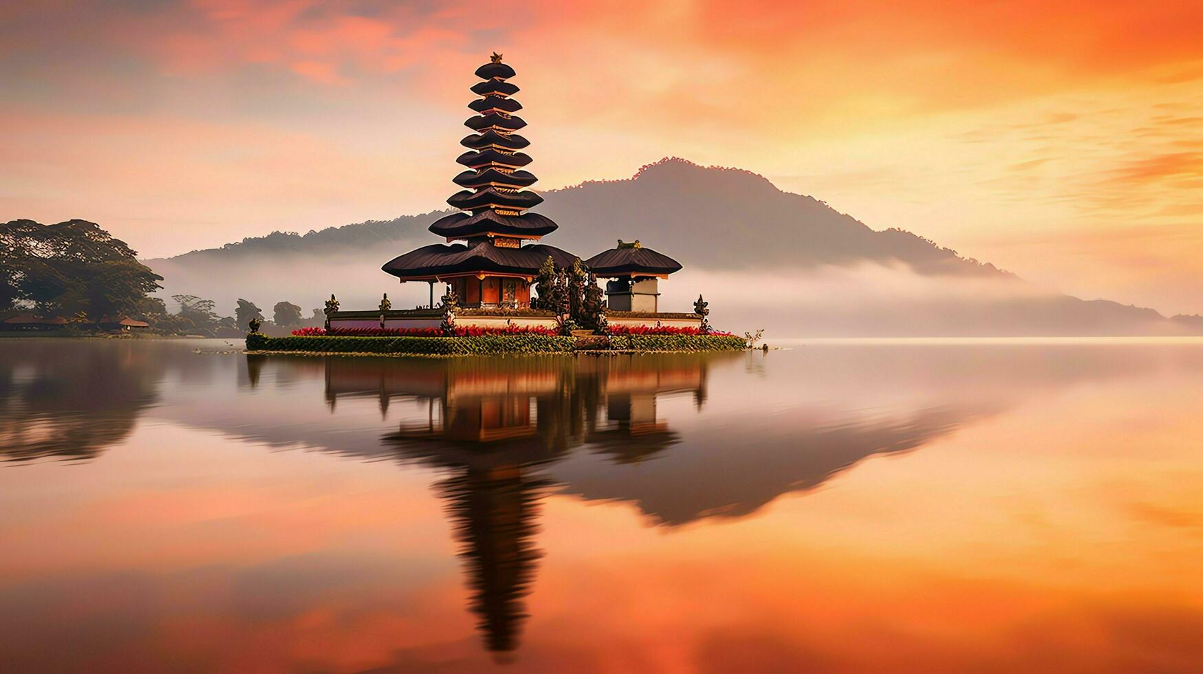 antigo pura Ulun danu bratan, besakih ou famoso hindu têmpora e turista dentro bali ilha às nascer do sol conceito de ai gerado foto