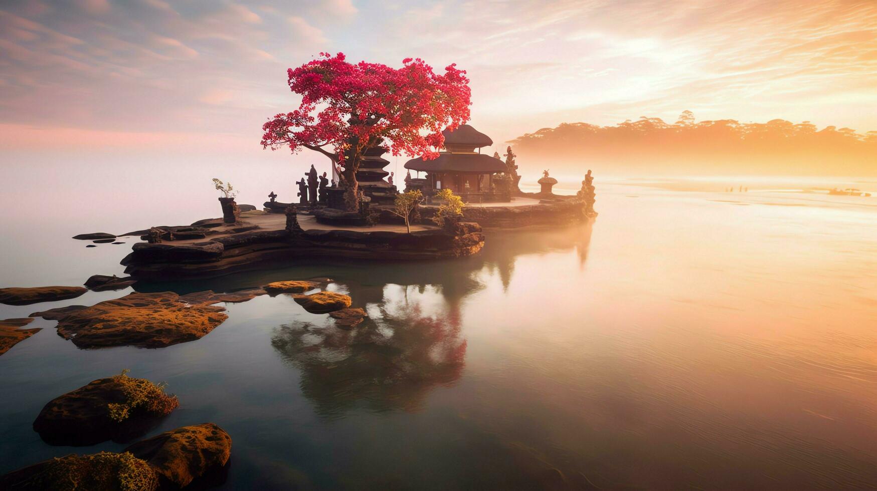 antigo pura Ulun danu bratan, besakih ou famoso hindu têmpora e turista dentro bali ilha às nascer do sol conceito de ai gerado foto