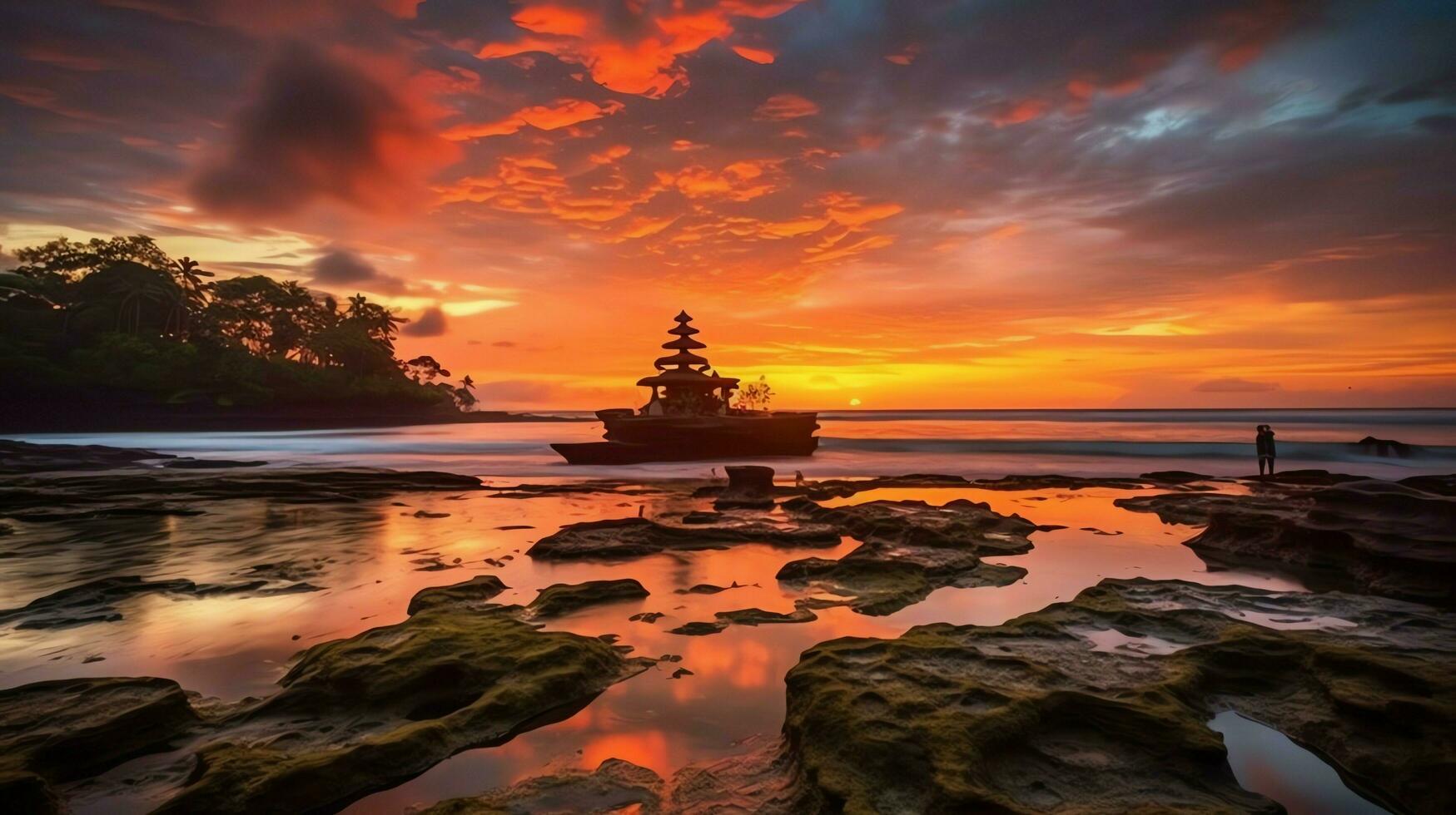 antigo pura Ulun danu bratan, besakih ou famoso hindu têmpora e turista dentro bali ilha às nascer do sol conceito de ai gerado foto