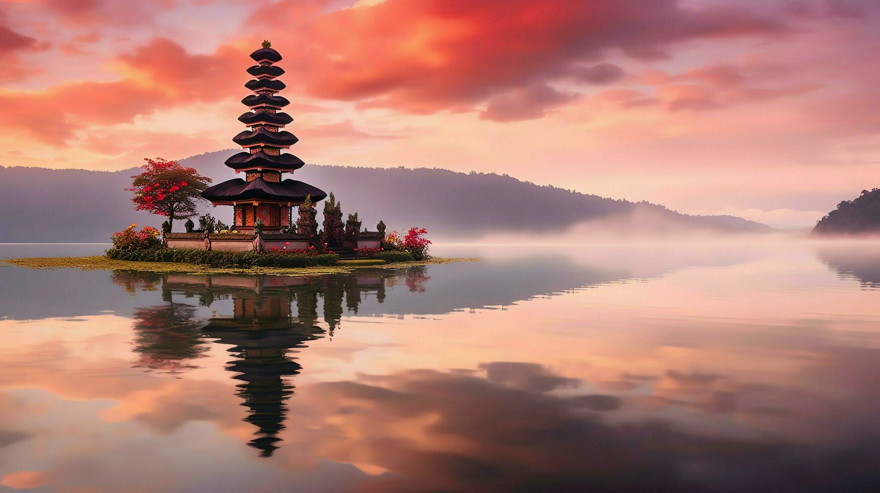 antigo pura Ulun danu bratan, besakih ou famoso hindu têmpora e turista dentro bali ilha às nascer do sol conceito de ai gerado foto