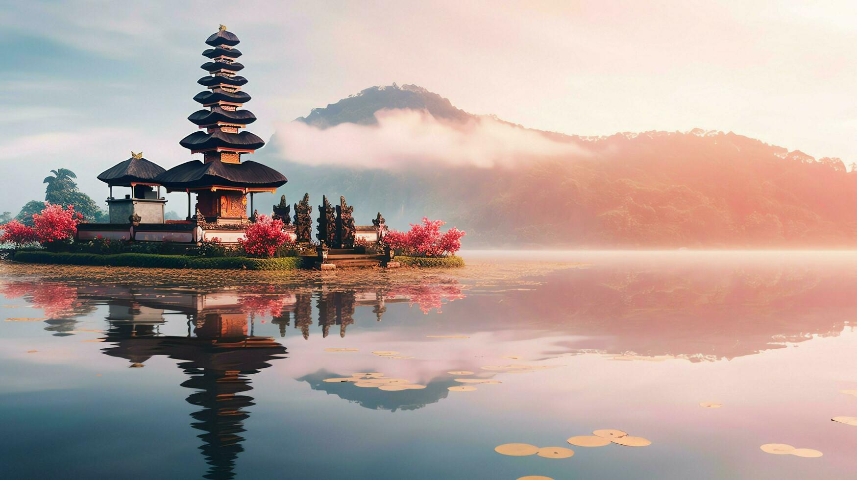 antigo pura Ulun danu bratan, besakih ou famoso hindu têmpora e turista dentro bali ilha às nascer do sol conceito de ai gerado foto