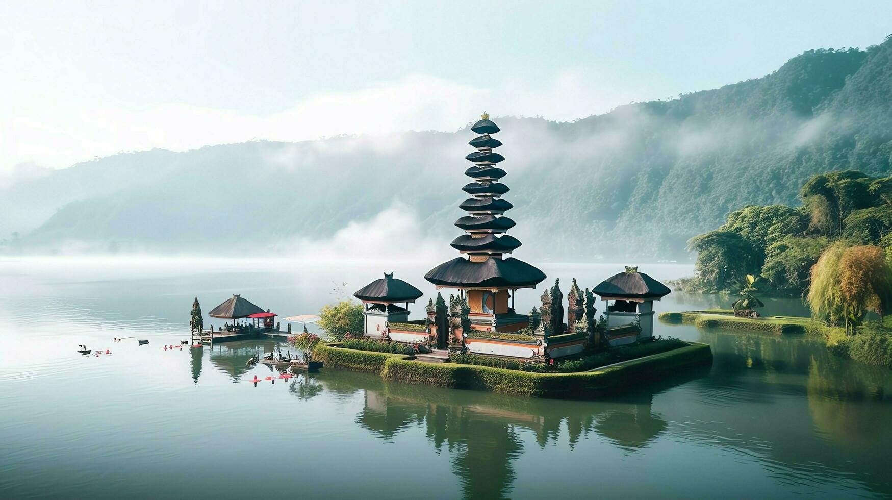 antigo pura Ulun danu bratan, besakih ou famoso hindu têmpora e turista dentro bali ilha às nascer do sol conceito de ai gerado foto