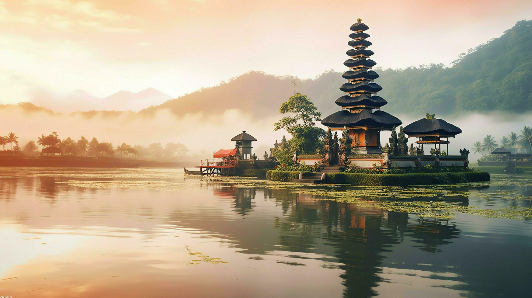 antigo pura Ulun danu bratan, besakih ou famoso hindu têmpora e turista dentro bali ilha às nascer do sol conceito de ai gerado foto