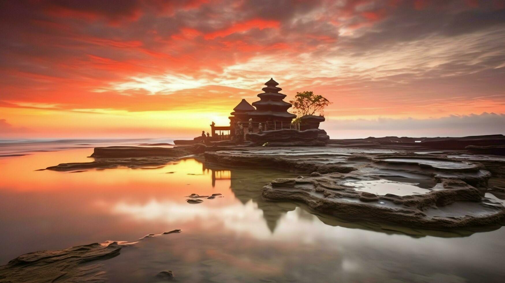 antigo pura Ulun danu bratan, besakih ou famoso hindu têmpora e turista dentro bali ilha às nascer do sol conceito de ai gerado foto