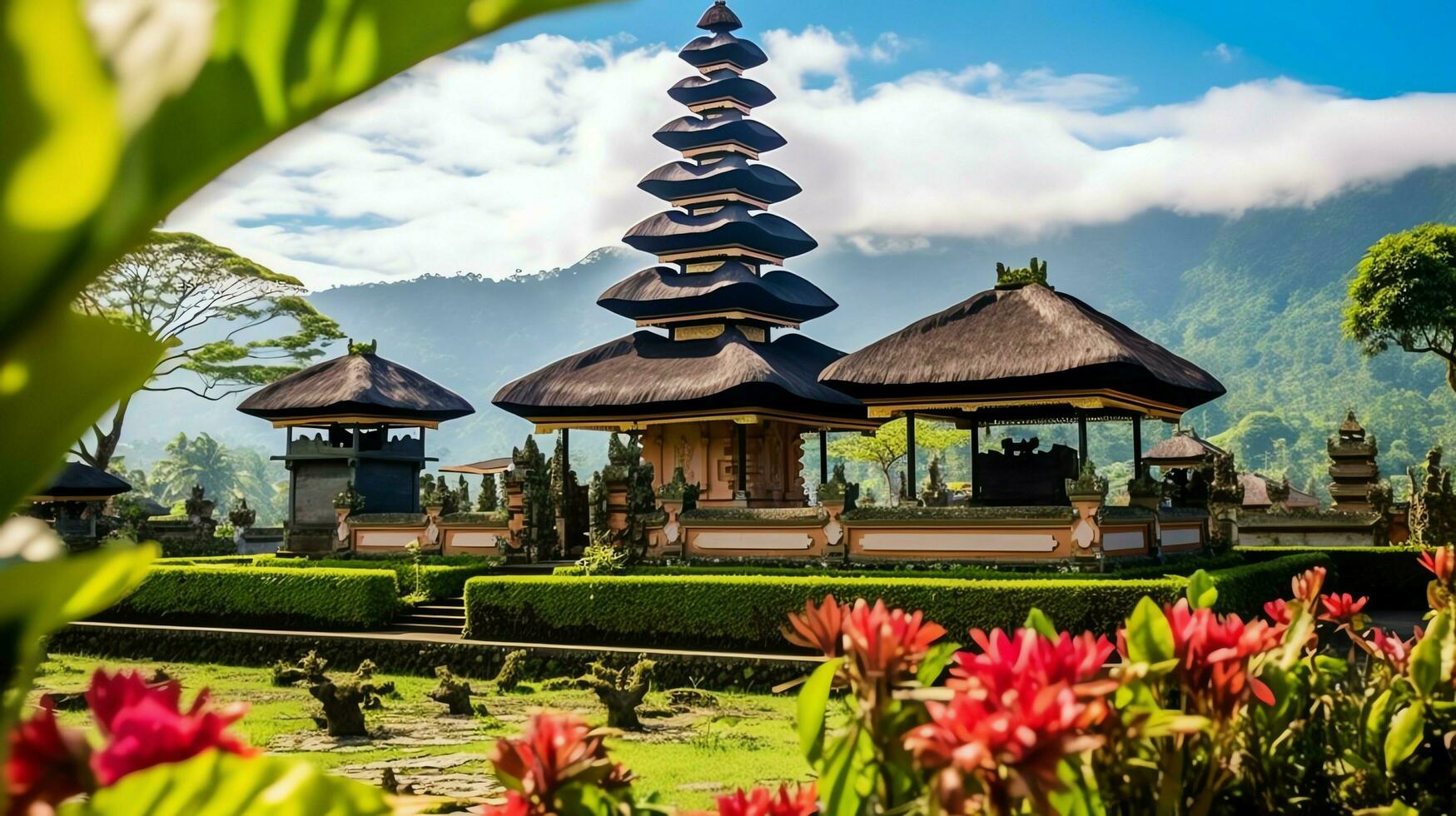 antigo pura Ulun danu bratan, besakih ou famoso hindu têmpora e turista dentro bali ilha às nascer do sol conceito de ai gerado foto