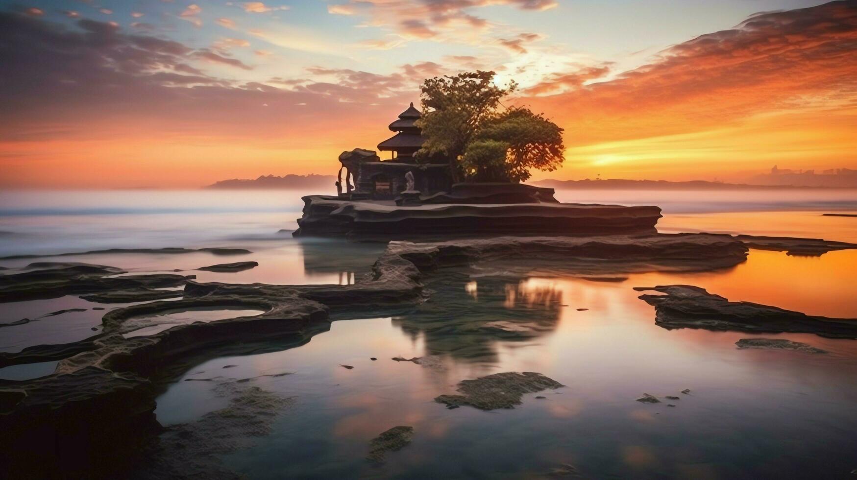 antigo pura Ulun danu bratan, besakih ou famoso hindu têmpora e turista dentro bali ilha às nascer do sol conceito de ai gerado foto