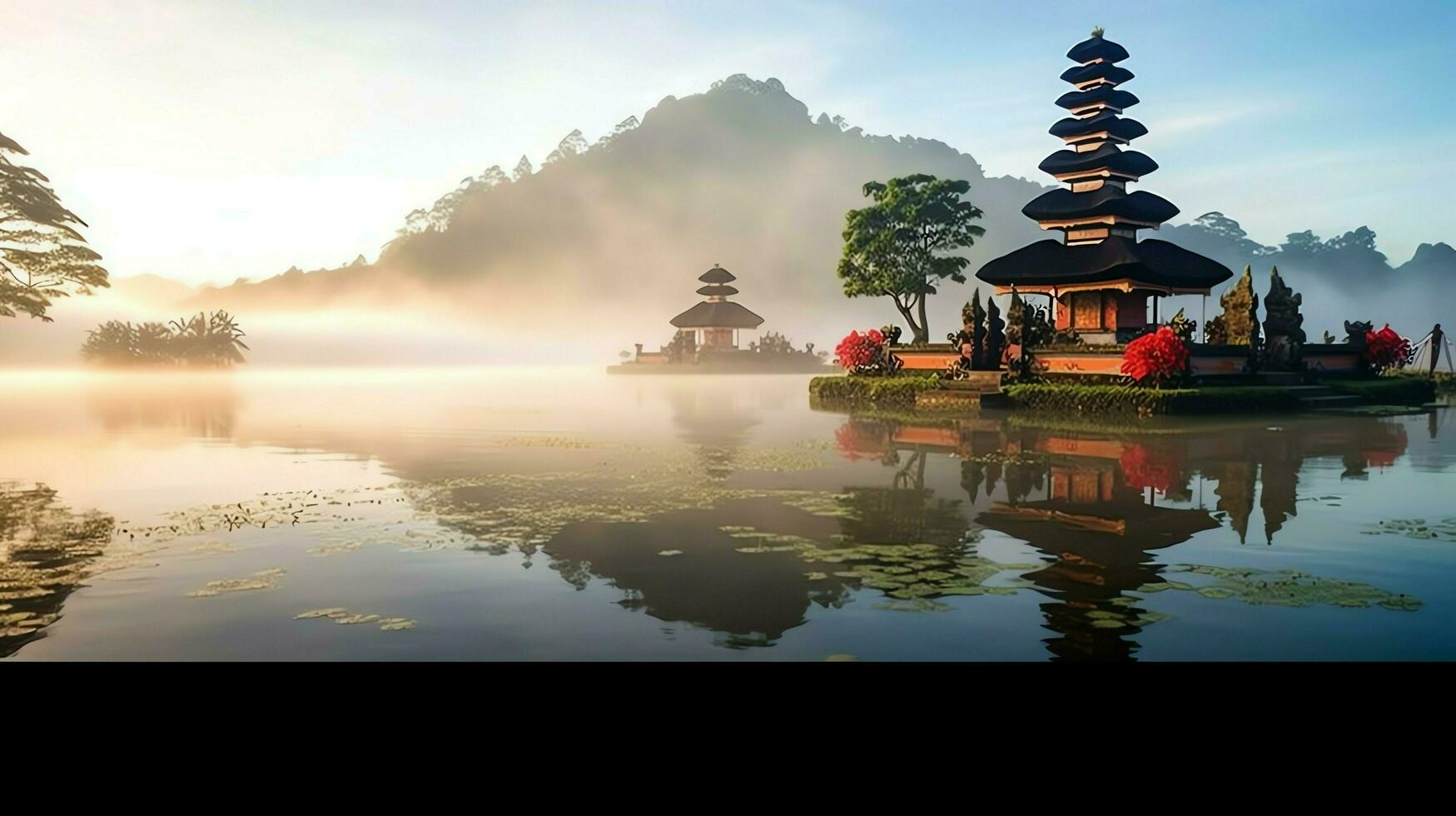 antigo pura Ulun danu bratan, besakih ou famoso hindu têmpora e turista dentro bali ilha às nascer do sol conceito de ai gerado foto