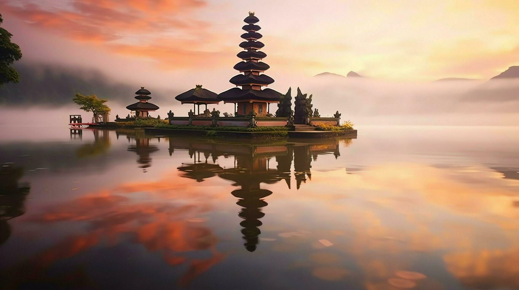 antigo pura Ulun danu bratan, besakih ou famoso hindu têmpora e turista dentro bali ilha às nascer do sol conceito de ai gerado foto