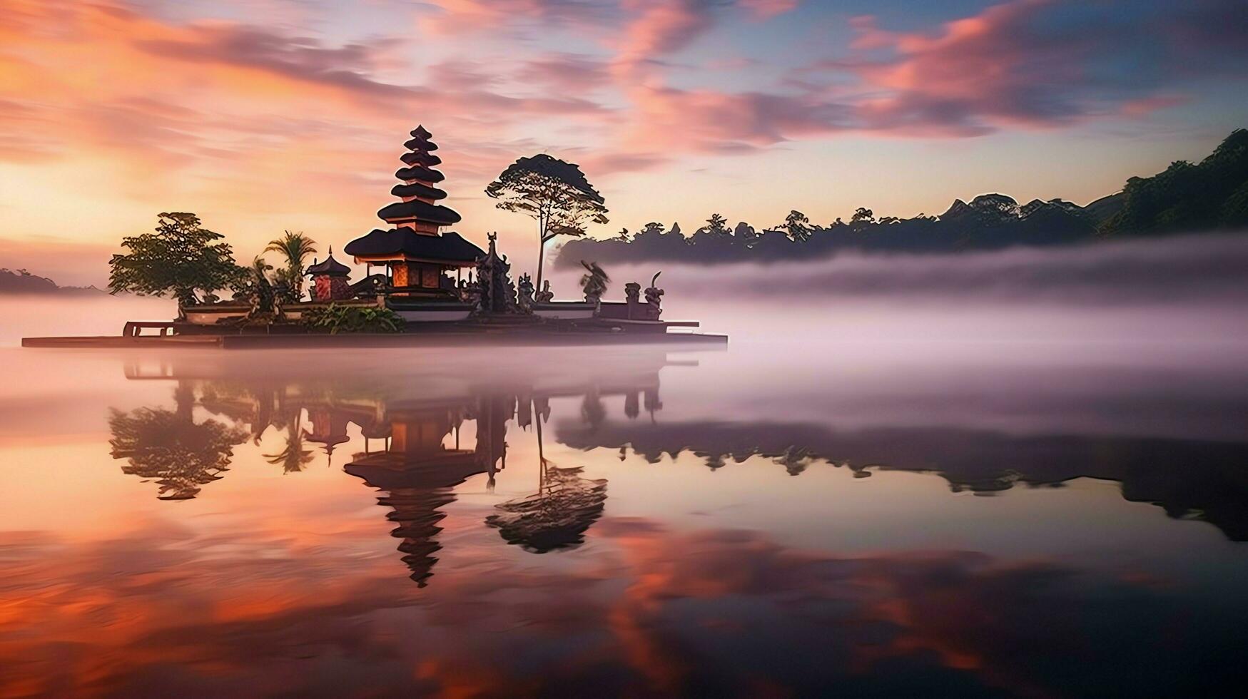 antigo pura Ulun danu bratan, besakih ou famoso hindu têmpora e turista dentro bali ilha às nascer do sol conceito de ai gerado foto