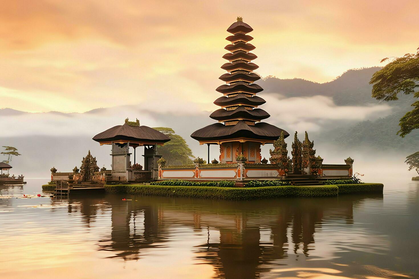 antigo pura Ulun danu bratan, besakih ou famoso hindu têmpora e turista dentro bali ilha às nascer do sol conceito de ai gerado foto